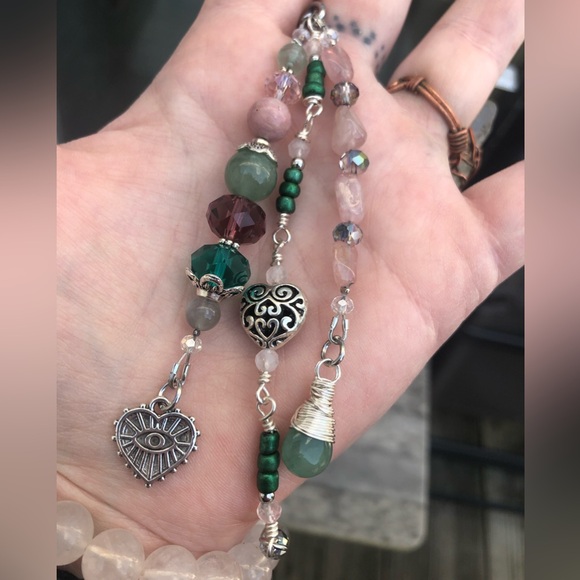 Floral Rose Quartz Aventurine Gemstone Purse Charm Keychain / Car Mirror Charm - Picture 6 of 15